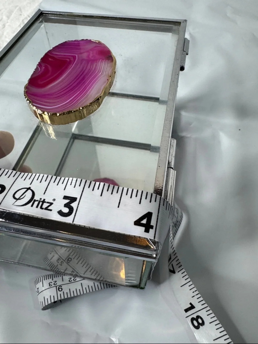 jewelry box Glass Trinket Box Beveled Glass slice of pink agate stone 6X3X4